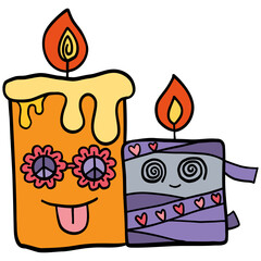 halloween festival. Playful cartoon candles with smiling faces and vibrant colors. retro trendy groovy halloween illustration in doodle pastel color line style