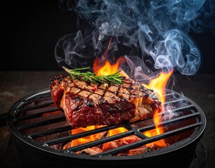 Grilled steak sizzles with flames, rosemary garnish, dark backdrop