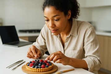 Woman decorating fruit tart with berries in bright kitchen using tweezers, focused on precision and detail in food preparation concept. Ai generative