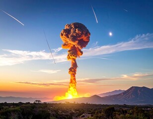 Explosion mushroom cloud rising during sunset over land