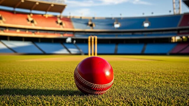 Cricket Ball on Pitch, Empty Stadium - A red cricket ball rests on the perfectly manicured pitch of an empty stadium.