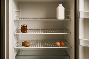 Minimal food in nearly empty refrigerator with milk, jam, potato, and eggs on white shelves inside a clean fridge interior under soft light. Ai generative