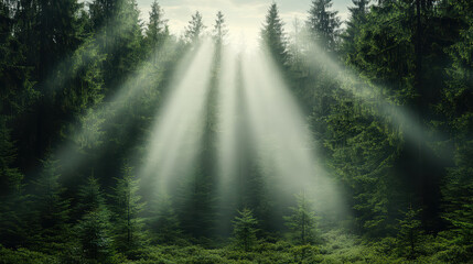 Obraz premium Mysterious light beams shining through dense pine forest, creating enchanting atmosphere