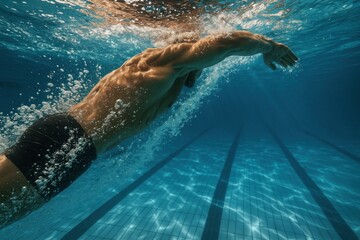 Underwater shot of swimmer in powerful stroke with bubbles