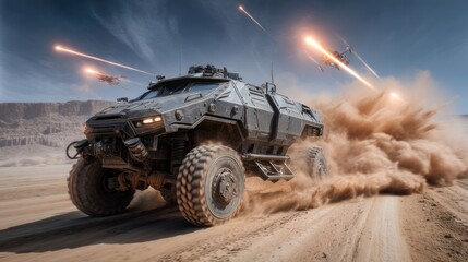 Fototapeta premium Armored vehicle firing in a desert environment