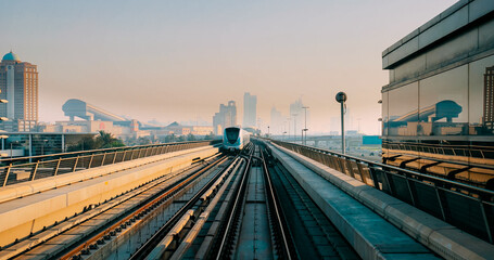 Fototapeta premium monorail Metro In Dubai, United Arab Emirates. FPV POV At Fast Speed Drive Motion. driverless metro. futuristic city skyline in UAE.street motion Dubai Subway Tunnel