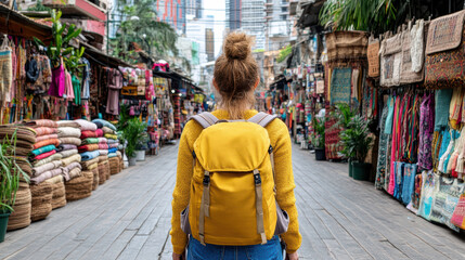 Obraz premium Exploring vibrant market filled with colorful textiles and unique crafts