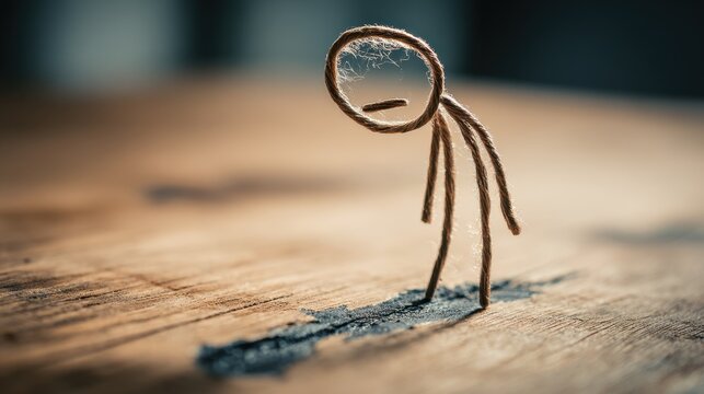 A sad stick figure slouches with its head bowed and arms drooping, embodying quiet sorrow and the heavy weight of loss or deep disappointment.
