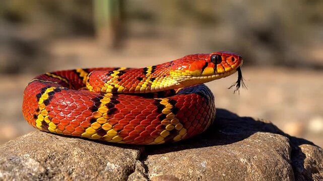 Vibrant Scarlet Kingsnake Coiled on a Rock Flicking its Tongue in the Desert Sunlight Striking Red and Yellow Bands Wildlife Close-up