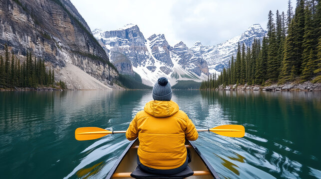 Paddler in yellow jacket on serene lake surrounded by mountains and pine trees