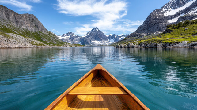 Crystal clear alpine lake with mountains, serene paddling canoe experience - Powered by Adobe