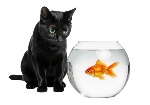 Sleek black cat with emerald eyes watches orange goldfish in clear fishbowl on white studio background, minimalist, suspenseful predator-prey dynamic