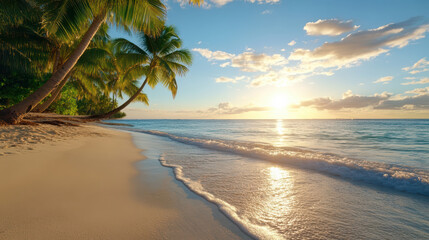 Fototapeta premium Tropical beach with palm trees, golden sunset, and gentle waves creates serene atmosphere