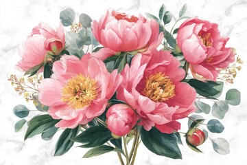 Watercolor bouquet of pink peonies with green leaves, set against a marble background
