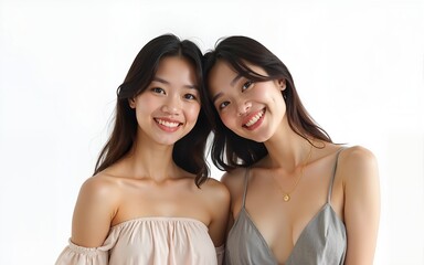 portrait of two young asian women on white background. High quality