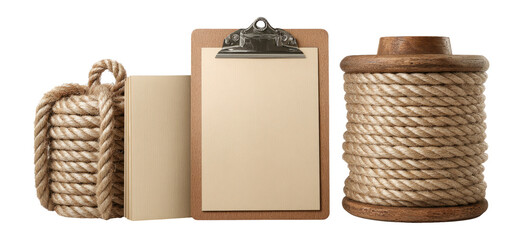 Isolated Clipart of Rope, Wooden Board, and Clipboard on Transparent Background
