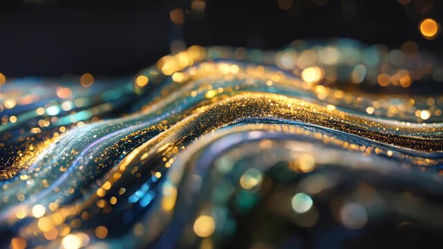 Shimmering teal and gold bokeh waves ripple in soft focus—dreamy abstract loop ideal for titles, intros, and upscale design projects seeking smooth cinematic shine.