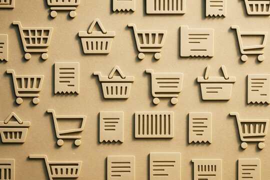 Beige paper cutout icons of shopping carts, receipts, and baskets arranged in a seamless pattern on a light background. Ai generative. Ai generative - Powered by Adobe