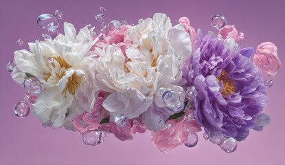 A close-up of vibrant, blooming peonies with water droplets against a soft purple backdrop
