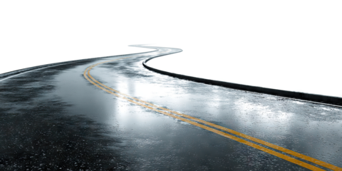 Curved wet asphalt road with yellow lines after rain, isolated on transparent cutout background
