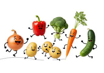 Ultra-realistic vegetables with black line-drawn cartoon features, joyfully dancing and jumping on a wavy line against a transparent background, concept of healthy eating