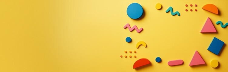 Colorful geometric shapes on right side of yellow background with clean empty space for poster, banner, or creative design template layout. Ai generative