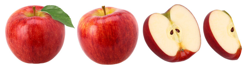 red apple with leaves (Envy Apple), half and slice isolated, transparent PNG, PNG format