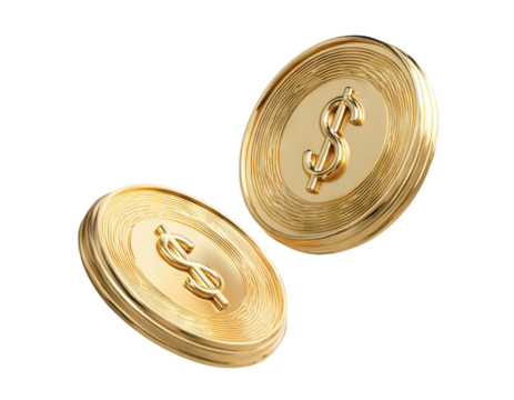 Two shiny gold dollar coins floating in mid-air, isolated on transparent cutout background