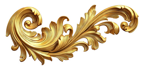 Golden baroque decorative floral ornament, isolated on transparent cutout background