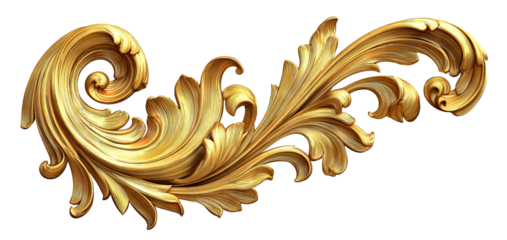 Golden baroque decorative floral ornament, isolated on transparent cutout background