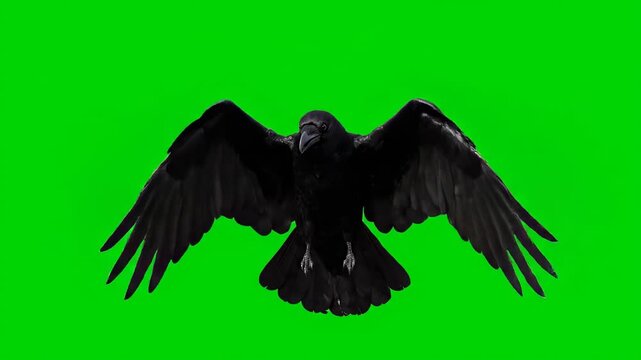 A black raven flying slowly and cawing, isolated on a solid green screen wise, symbolic, spooky