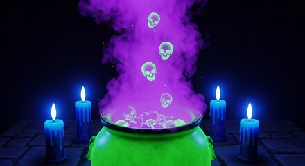 Halloween cauldron skulls spooky purple smoke candles scene