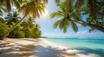 Obraz premium “Beautiful Tropical Beach with Palm Trees and Turquoise Water”