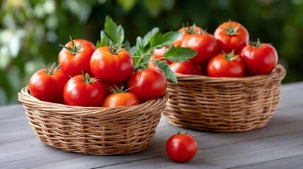 Fresh harvested red tomatoes in wicker baskets on table