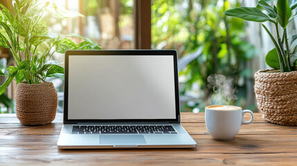Fototapeta premium Sleek laptop sits wooden table surrounded by green plants and steaming cup of coffee