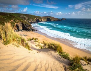 Coastal scene sandy beach, cliffs, turquoise ocean