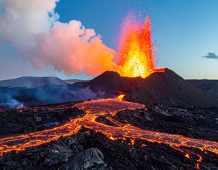 Volcano erupts; lava flows down blackened, rocky slopes