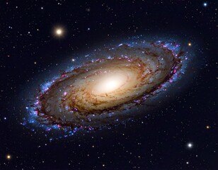 Spiral galaxy, vibrant pinks/blues, central bulge, starfield