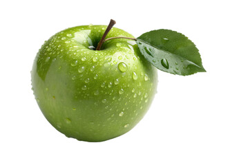 Close up of a bright green apple with water droplets and a leaf fruit food