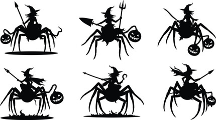 Creepy Halloween spider witch silhouettes with pumpkin lanterns, spears, trident and spooky poses for dark horror night vector illustration design.