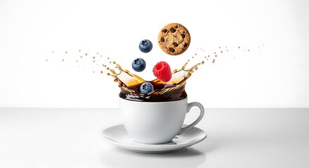 Coffee splash with cookie and berries drink breakfast food