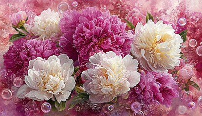 Lush peony bouquet in shades of pink and cream, with subtle bubbles on a hazy background