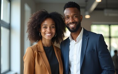Young happy professional work team of two diverse confident female and male partners employees business people man and woman standing together in office looking at camera, corporate portrait.