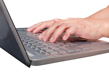 hands typing on a laptop, hand on keyboard isolated