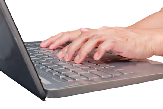 hands typing on a laptop, hand on keyboard isolated