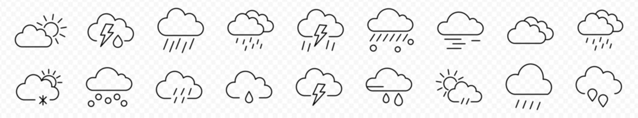 weather icon set. simple line icon containing clouds, rain, storm, snow, sun, moon and more. weather forecast icons for app ui and website. transparent vector. 