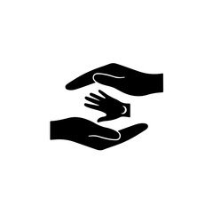 Obraz premium Powerful black and white icon of one hand gently protecting another. This minimalist vector symbol clearly represents protection, solidarity, support, and unity