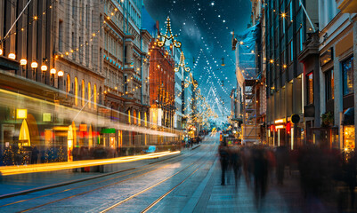 Helsinki, Finland. Trams Departs From Stop On Aleksanterinkatu Street. Night Evening Christmas Xmas New Year Festive Street Illumination. Decorations During Winter Holidays At Night. Night stars sky