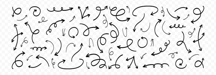 hand drawn curved arrows. vector arrow set on transparent background.
