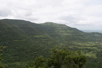 Fototapeta premium lush green valley seen from the elevated plateau at 'gautala autramghat sanctuary' under cloudy sky